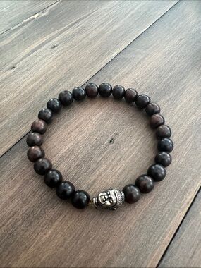 Beaded Bracelet with Silver Buddha Accent - Dark Brown